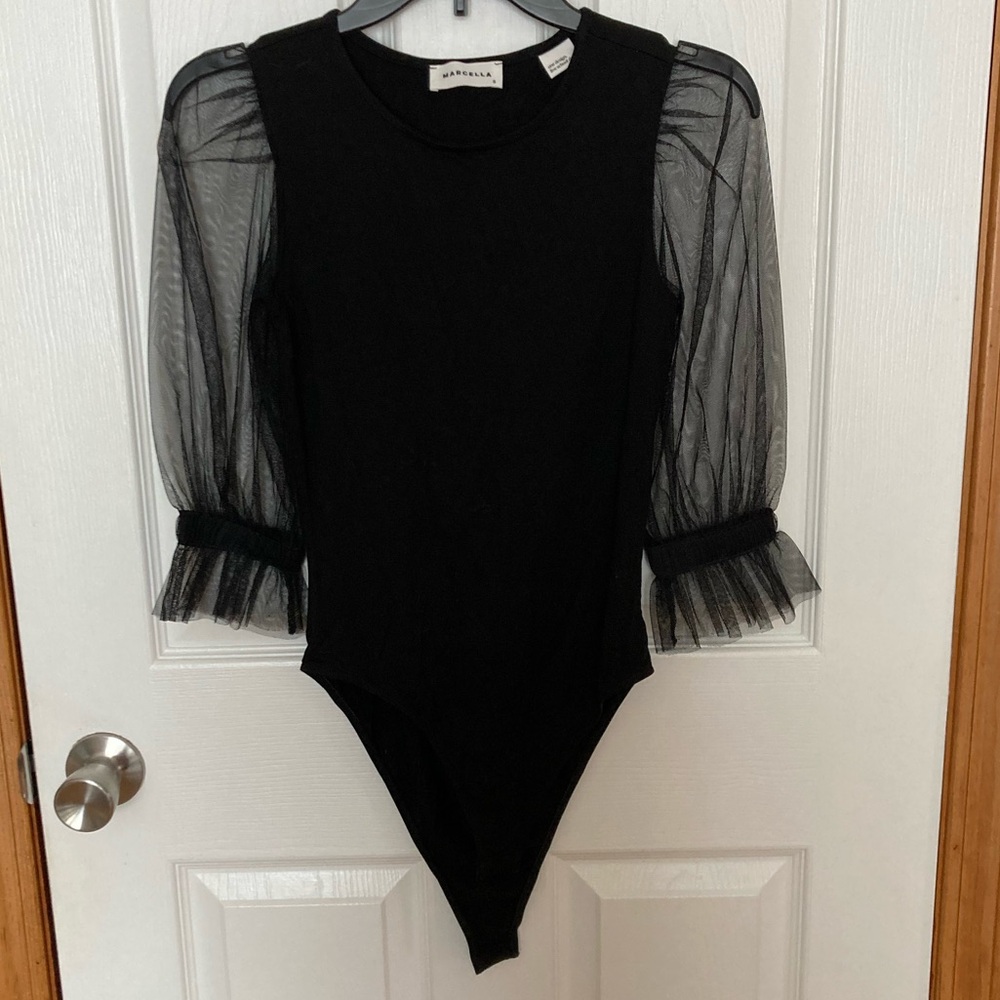 Black Bodysuit with Sheer Sleeves Sz Small